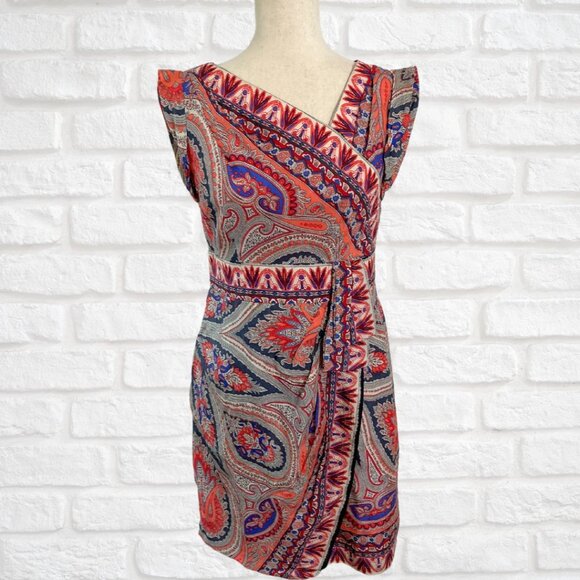 Nanette Lepore Silk Dress Blue Peach Red Sleeveless Asymmetrical V-Neck Sz 4 - Picture 1 of 11